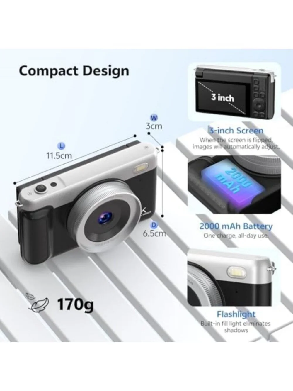 4K Vlogging Camera with 180° Flip Screen, Compact Digital Camera for YouTube